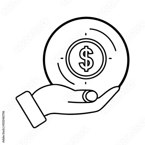 line art of a hand holding a coin with dollar symb 
