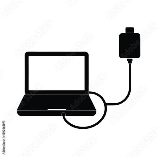 Black and white illustration of a laptop connected to a power adapter charging on white background