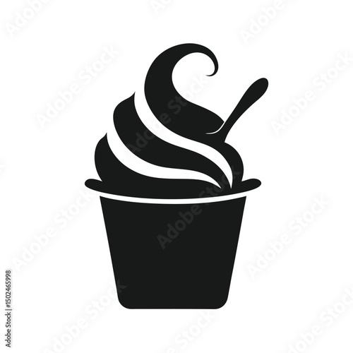 Black and white illustration of a soft serve ice cream with spoon in a cup ready to eat