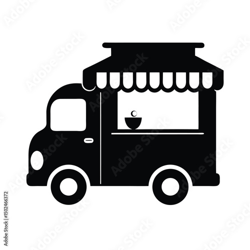 Modern black and white illustration of a simple food truck silhouette with detailed design