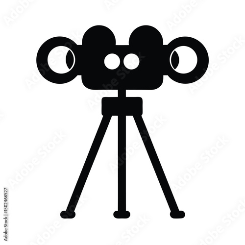 Simple black and white illustration of a vintage movie camera on a tripod representing film making.
