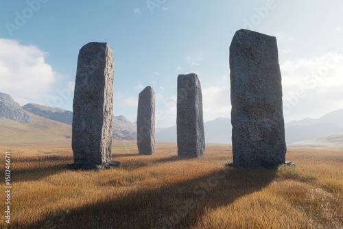 Four tall, gray stone pillars stand in a golden, grassy field, under a pale blue sky.  Mountains rise in the background