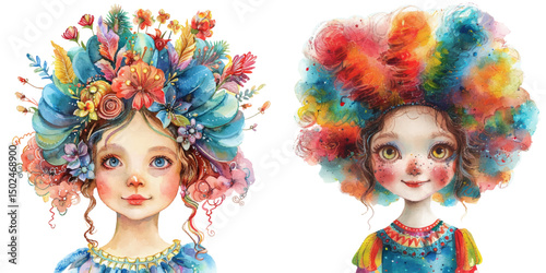 beautiful girl elaborate wig carnival watercolor vector illustration