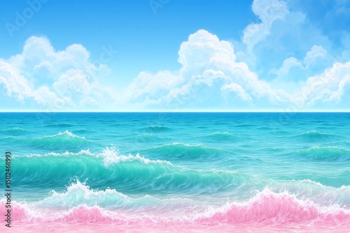 pink beach with waves crashing on the sand and clouds in the sky