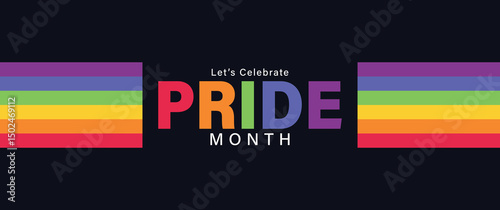 PRIDE month banner template for festival parades, parties, and social events for celebration. Colorful rainbow flag on dark background. Vector illustration