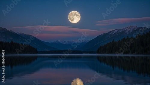 Full moon over still lake reflecting in water with mountains and trees in the background at night
