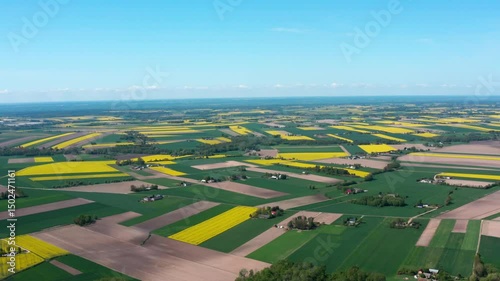 Aerial View of Patchwork Farmland with Yellow Fields