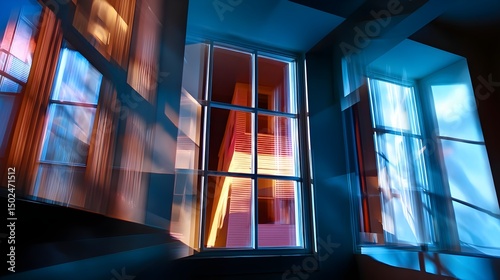 Window Light  Color Abstraction  Modern Interior. Abstract windows with contrasting blue and orange lighting  creating a contemporary aesthetic.