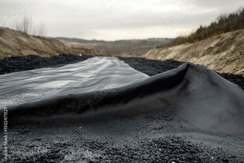 Dark tarp laid over gravel roadbed