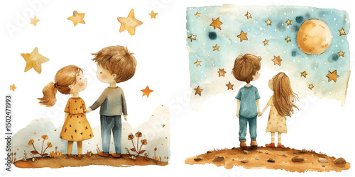 couple stargazing watercolor vector illustration
