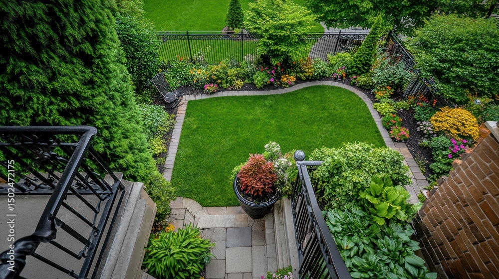 Lush garden with curved lawn, vibrant flowers, and stone steps