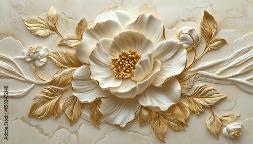 Ornate, 3D floral design in cream and gold, set against a marble-like background