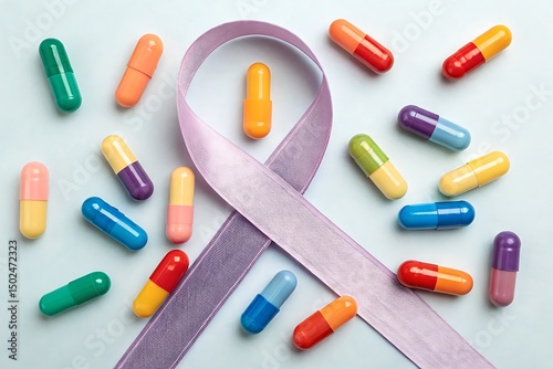 Ribbon wrapped around or emerging from colorful medication capsules.