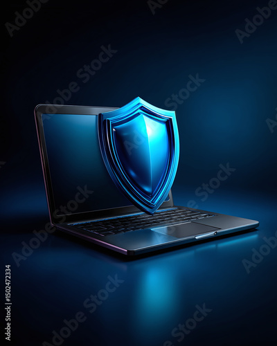 cybersecurity concept, shield icon on laptop, secure interface theme, clean vector art, tech blue color scheme