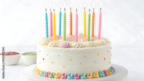 A beautifully decorated birthday cake with lit candles and sweet icing for a happy celebration party