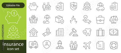 Insurance thin line icons set. Insurance editable stroke symbols collection. Life, car, house, care, money, pet insurance editable stroke icon. Vector illustration
