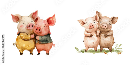 cute couple pigs watercolor vector illustration