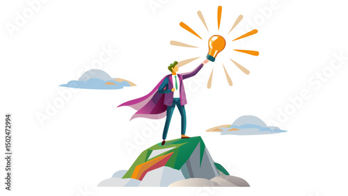 A man in a suit and cape stands on a mountain holding a light bulb with rays emanating from it in the sky