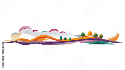 Stylized landscape illustration featuring colorful clouds trees and undulating ground with vibrant hues