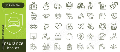 Insurance thin line icons set. Insurance editable stroke symbols collection. Life, car, house, care, money, pet insurance editable stroke icon. Vector illustration
