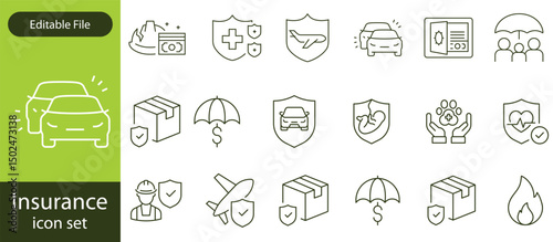 Insurance thin line icons set. Insurance editable stroke symbols collection. Life, car, house, care, money, pet insurance editable stroke icon. Vector illustration