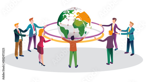 Group of people holding rings around the world globe together in a collaborative effort illustration