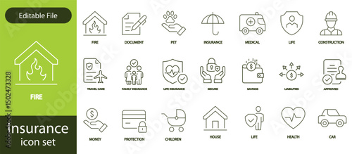 Insurance thin line icons set. Insurance editable stroke symbols collection. Life, car, house, care, money, pet insurance editable stroke icon. Vector illustration
