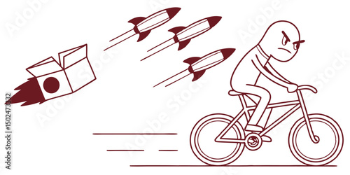 Cartoon illustration of a man on a bike being chased by rockets and a box