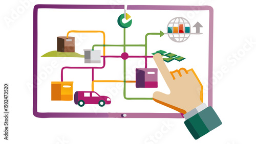 Hand touching tablet showing connected objects and data visualizations in a business context scenario