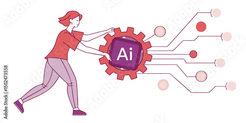 Creative illustration of an illustrator gear and woman connecting to ai system