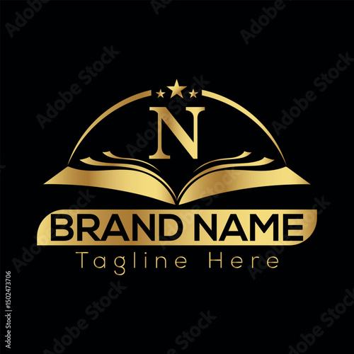 Elegant vintage gold crown emblem with ribbon and shield design for business quality label or VIP badge education N logo design