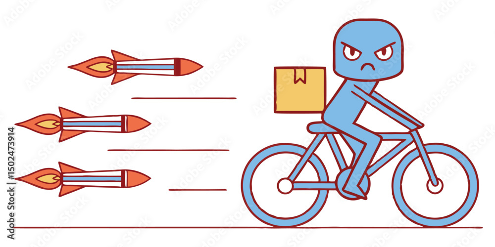 Fototapeta premium Fast delivery man on bicycle with rockets cartoon illustration scalable vector graphic