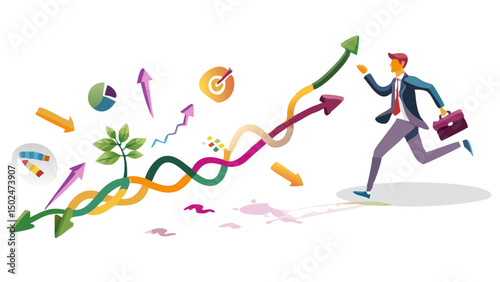Illustration of a businessman running with a briefcase following an upward trend with growth icons around him