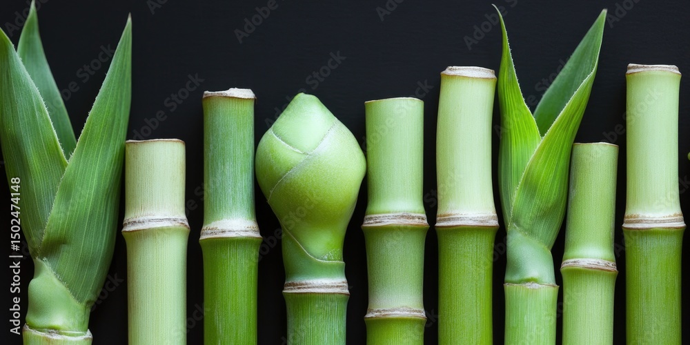 Obraz premium Green bamboo stalks and leaves arranged on a black background