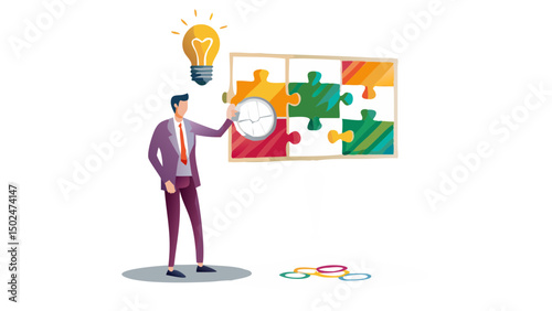 Man in suit pointing at puzzle with clock and lightbulb suggesting problem solving and ideas generation