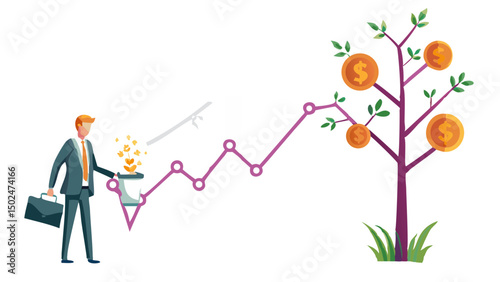 Illustration of a businessman investing coins into a funnel leading to a money tree with a rising graph