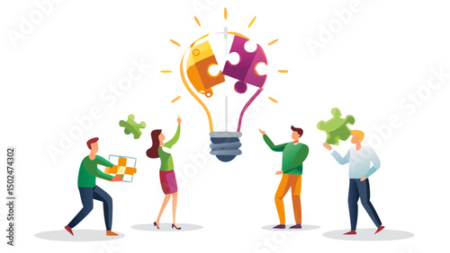 People collaborating to assemble a lightbulb made of puzzle pieces representing teamwork and innovation idea