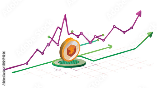 Illustration of a coin with a dollar sign on it with upward trending graphs in green and purple colors