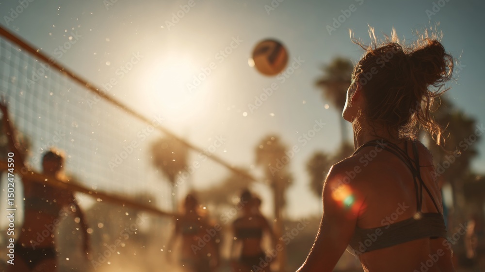 Fototapeta premium Friends playing volleyball on beach during sunset with palm trees 