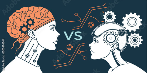 Human brain versus artificial intelligence conceptual illustration of technology and innovation
