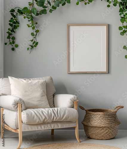 Mockup frame poster in interior living room background, room in light pastel colors