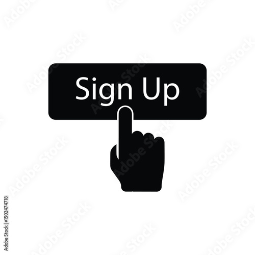 black simple finger presses on sign up button. concept of click here like abstract ui symbol and new registration on web site. flat style trend modern logotype graphic design on white background