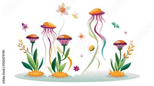 Illustration of fantasy jellyfish flowers with orange caps and purple petals in a whimsical garden scene