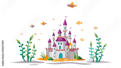 Illustration of a fairytale castle with purple roofs surrounded by fish and seaweed in a whimsical scene