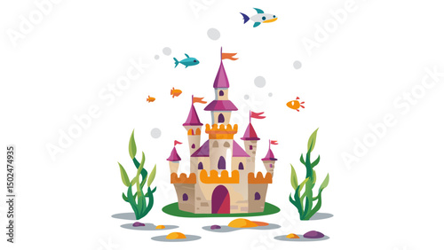 Illustration of a fairytale castle underwater with fish bubbles and seaweed on a white background scene