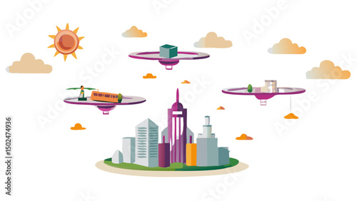 Illustration of a futuristic city with flying platforms carrying different objects under a sunny sky scene