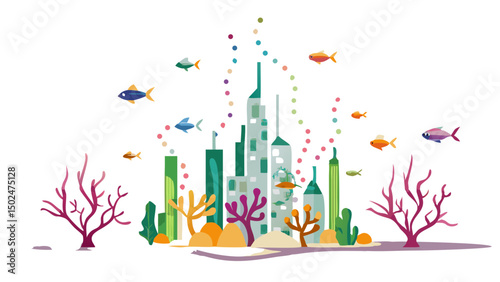 Illustration of city skyline with colorful fish and coral against a white background forming an aquarium scene