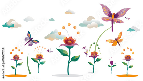 Illustration showing flowers with butterflies and dragonflies under a cloudy sky in a whimsical style