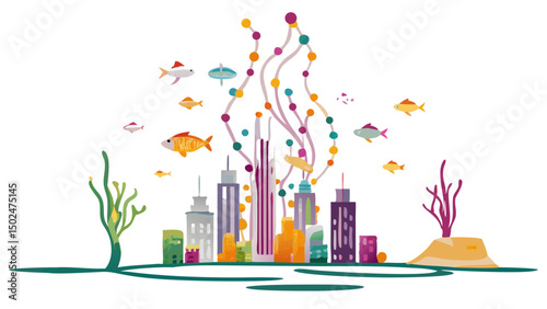 Illustration of a cityscape with colorful fish and seaweed creating an underwater whimsical atmosphere