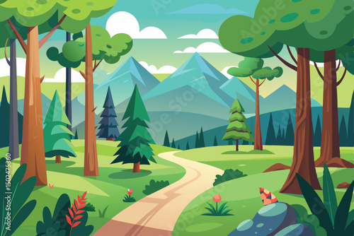 Cartoon forest landscape with mountains, trees, and winding path